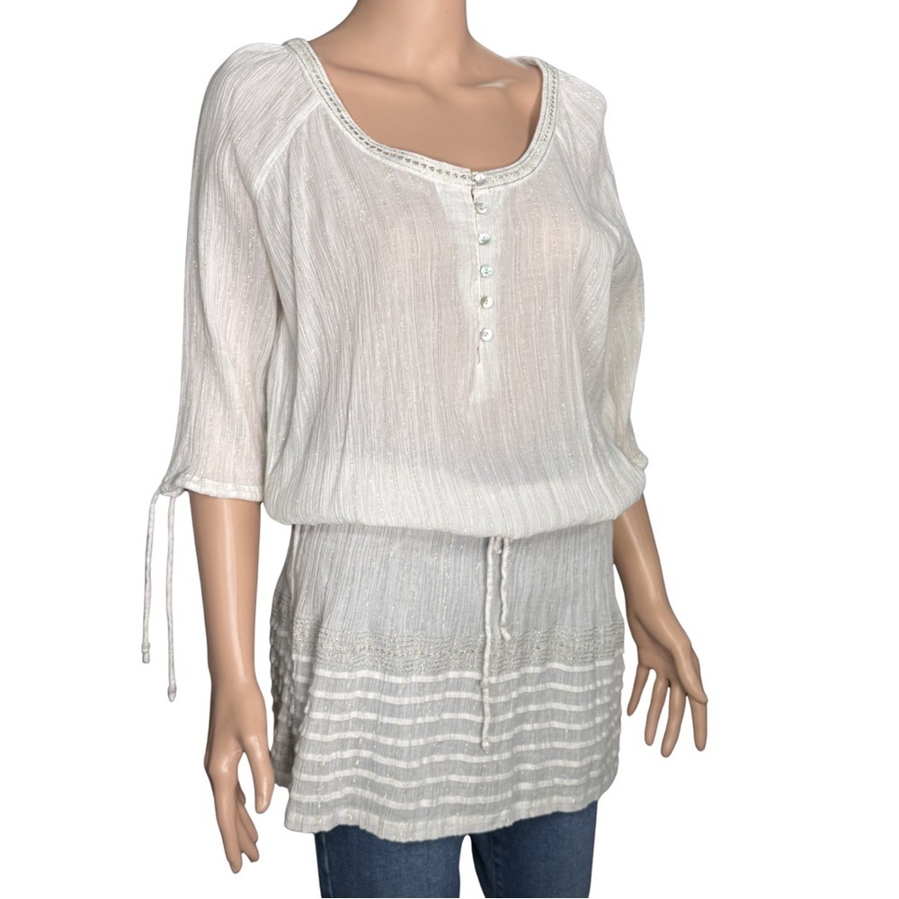 Monsoon White Metallic Gold Stripe Cotton Tunic Top Drawstring Waist 450006 M